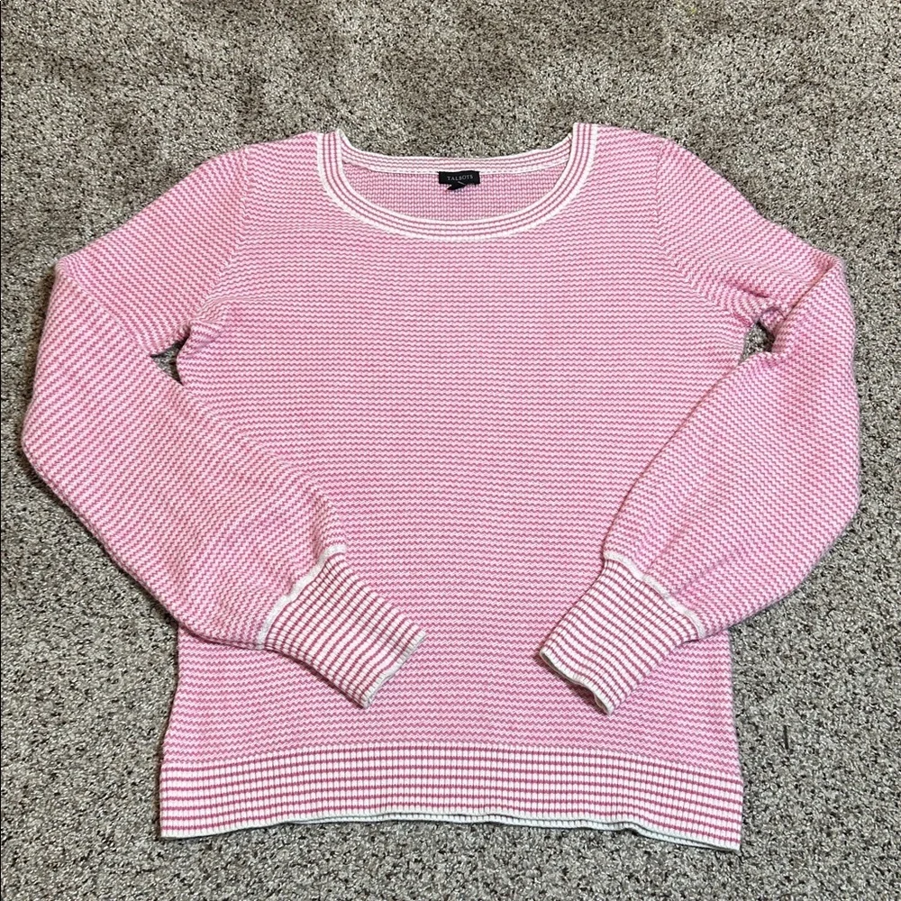 Talbots BISHOP SLEEVE STRIPE JACQUARD PULLOVER Pink and White size Small